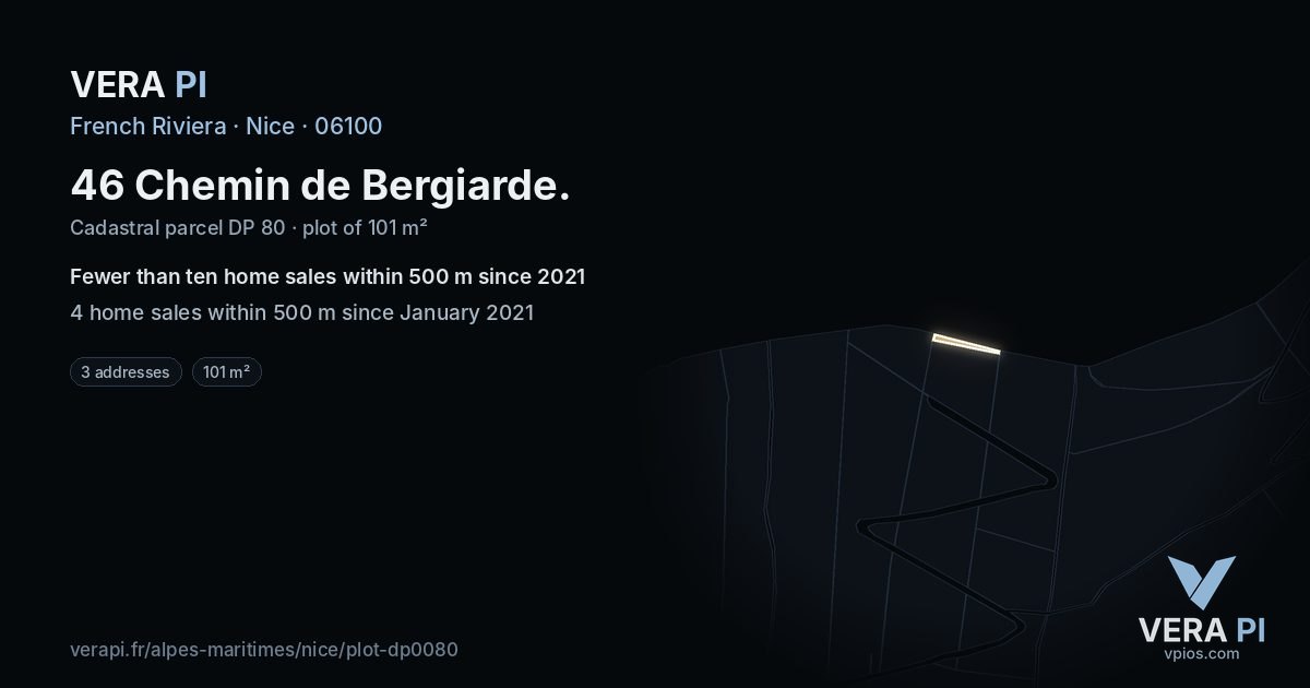 46 Chemin de Bergiarde, Nice at night – the plot lit, the parcels around coloured by the prices near them