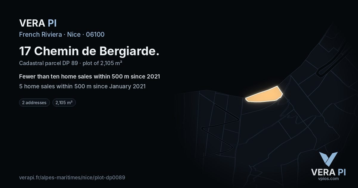 17 Chemin de Bergiarde, Nice at night – the plot lit, the parcels around coloured by the prices near them