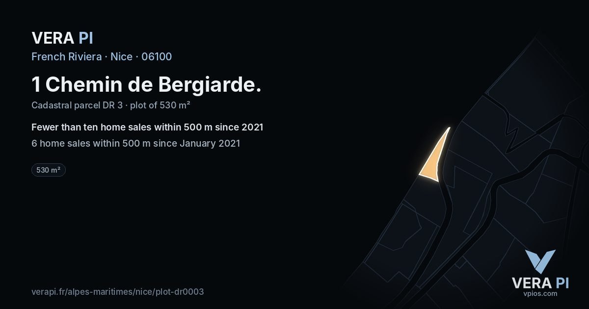 1 Chemin de Bergiarde, Nice at night – the plot lit, the parcels around coloured by the prices near them