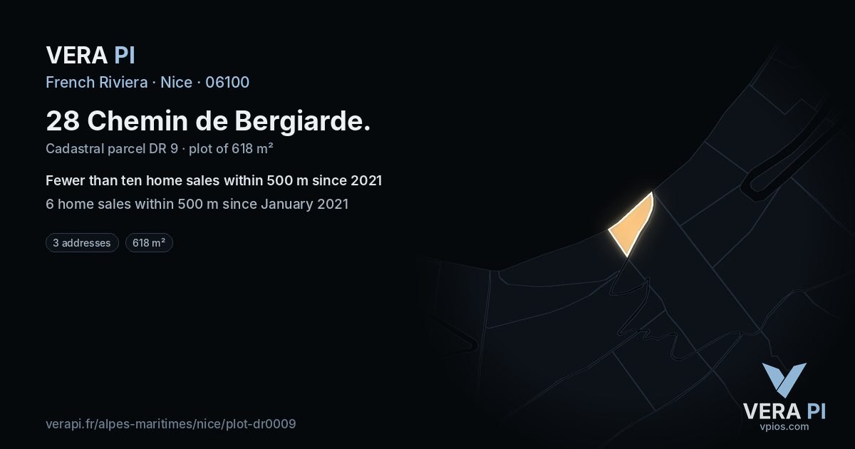 28 Chemin de Bergiarde, Nice at night – the plot lit, the parcels around coloured by the prices near them