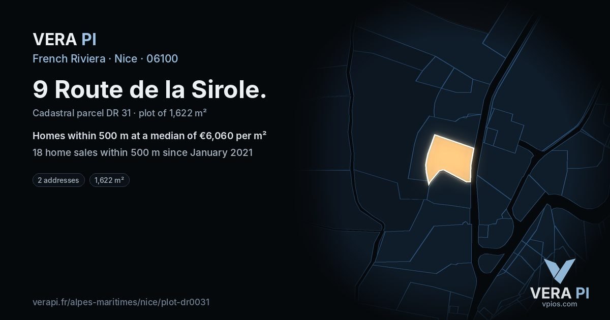 9 Route de la Sirole, Nice at night – the plot lit, the parcels around coloured by the prices near them