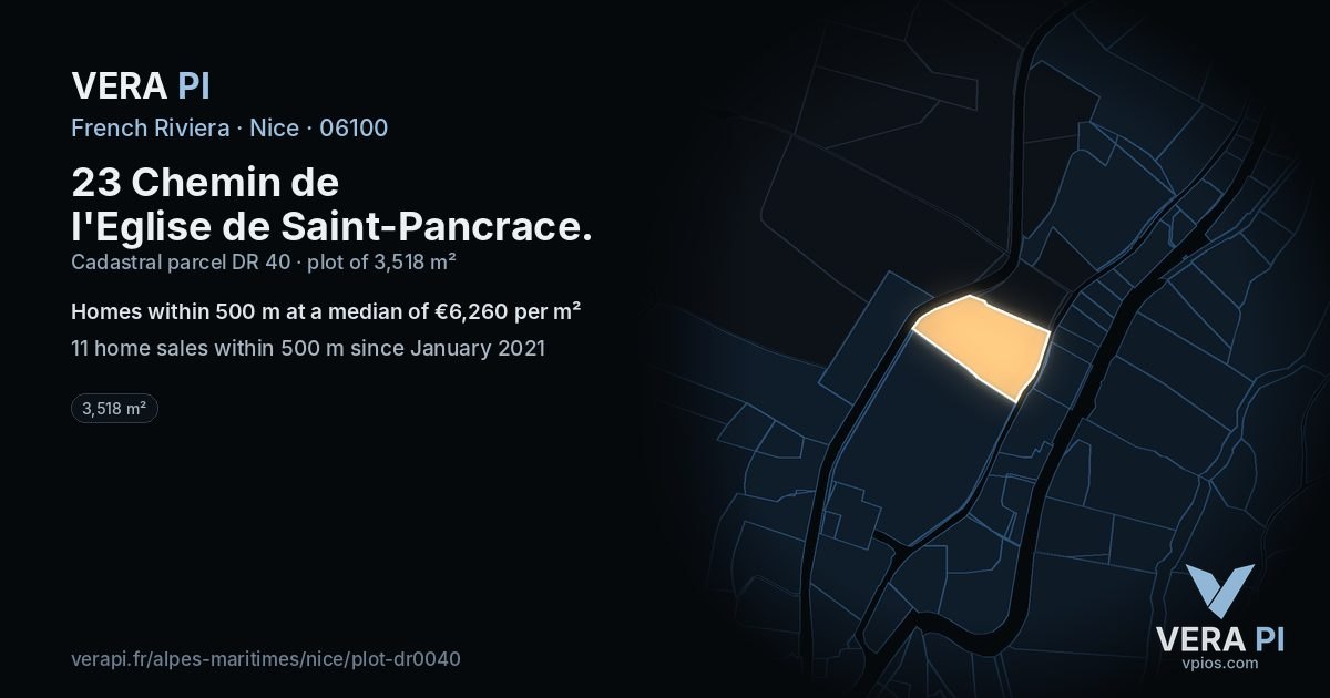 23 Chemin de l'Eglise de Saint-Pancrace, Nice at night – the plot lit, the parcels around coloured by the prices near them