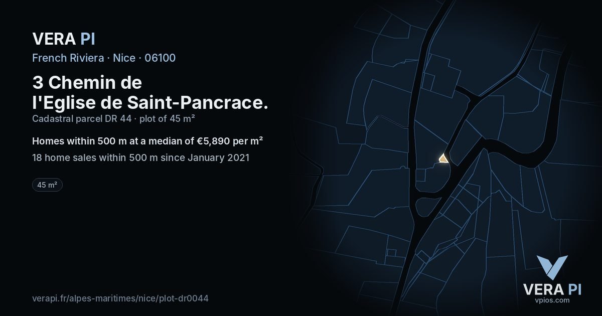 3 Chemin de l'Eglise de Saint-Pancrace, Nice at night – the plot lit, the parcels around coloured by the prices near them