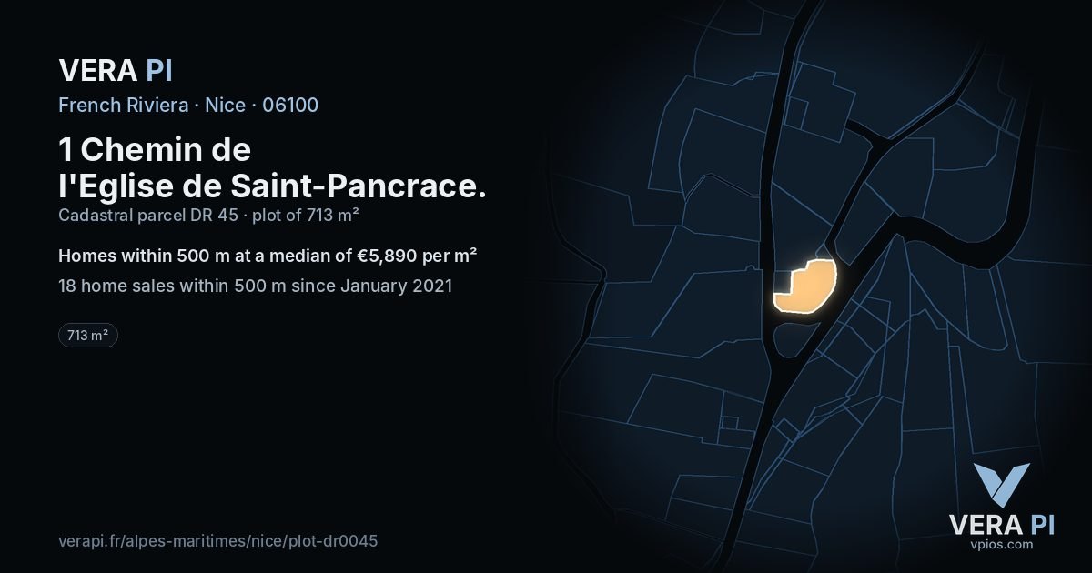 1 Chemin de l'Eglise de Saint-Pancrace, Nice at night – the plot lit, the parcels around coloured by the prices near them