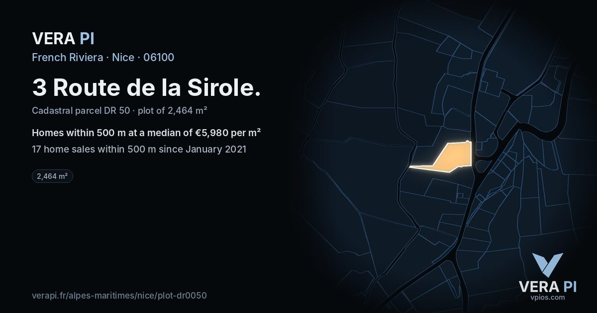 3 Route de la Sirole, Nice at night – the plot lit, the parcels around coloured by the prices near them