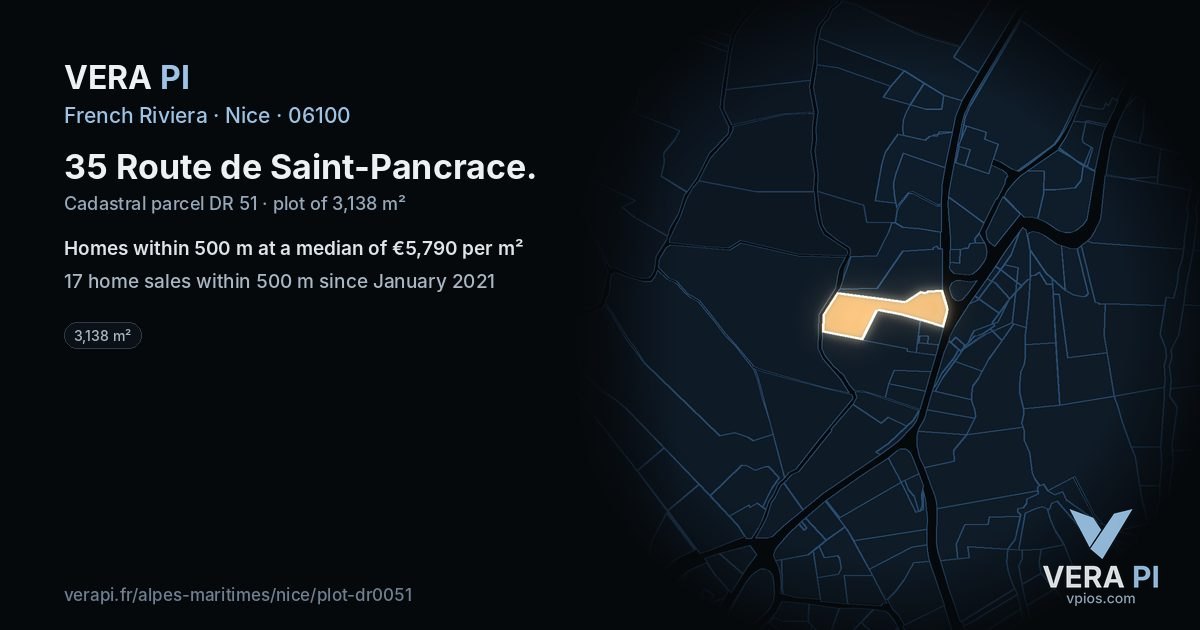 35 Route de Saint-Pancrace, Nice at night – the plot lit, the parcels around coloured by the prices near them