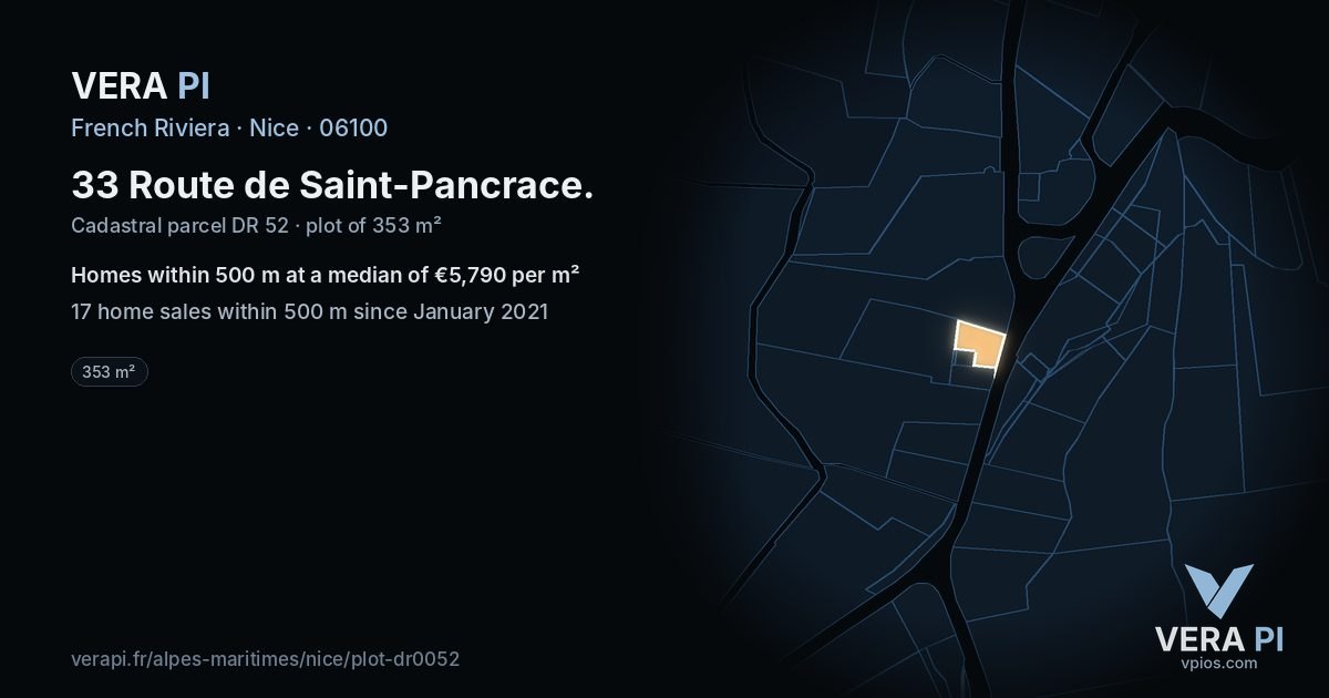 33 Route de Saint-Pancrace, Nice at night – the plot lit, the parcels around coloured by the prices near them