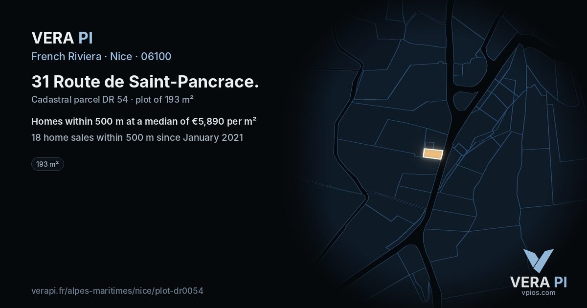 31 Route de Saint-Pancrace, Nice at night – the plot lit, the parcels around coloured by the prices near them