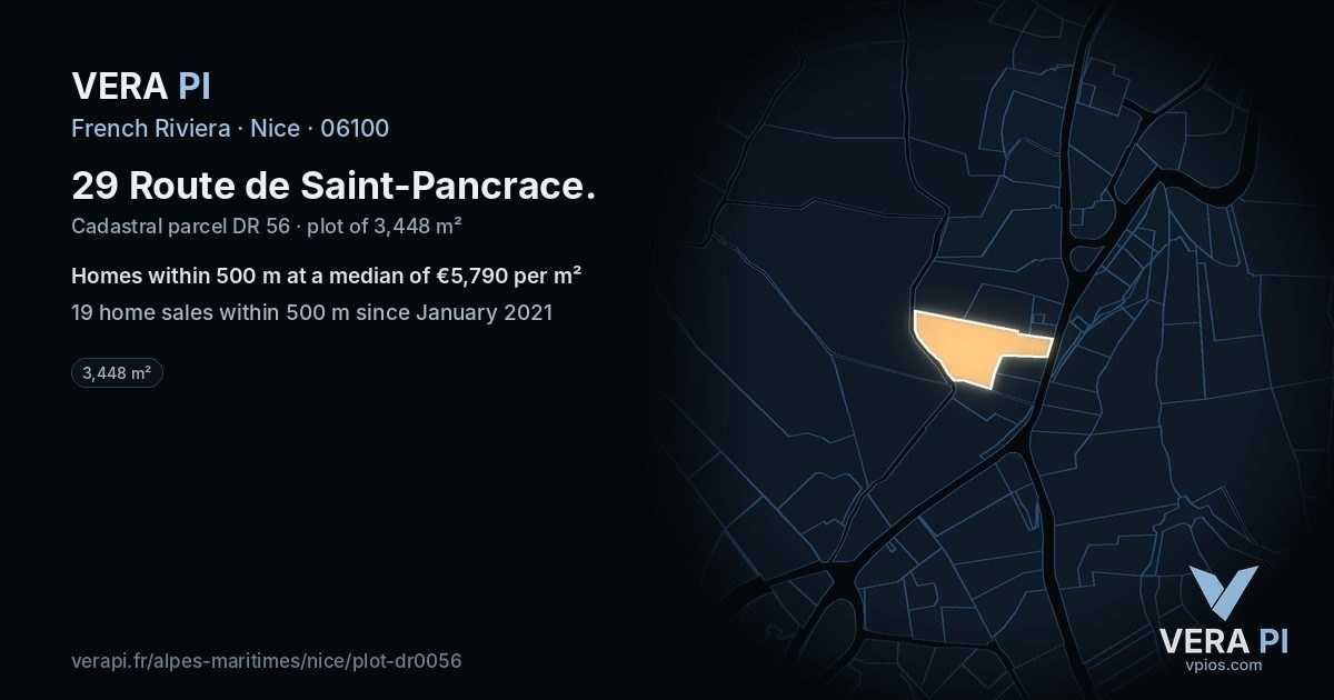 29 Route de Saint-Pancrace, Nice at night – the plot lit, the parcels around coloured by the prices near them