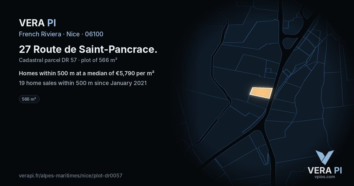 27 Route de Saint-Pancrace, Nice at night – the plot lit, the parcels around coloured by the prices near them