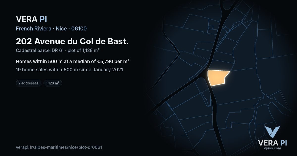 202 Avenue du Col de Bast, Nice at night – the plot lit, the parcels around coloured by the prices near them