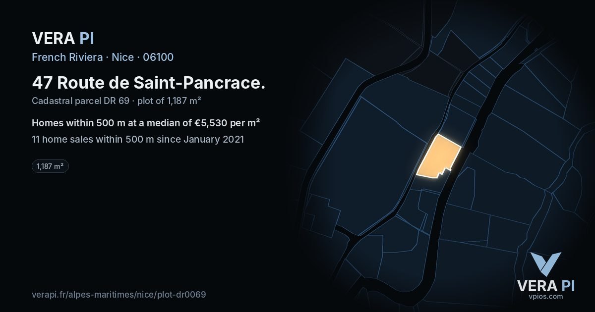 47 Route de Saint-Pancrace, Nice at night – the plot lit, the parcels around coloured by the prices near them