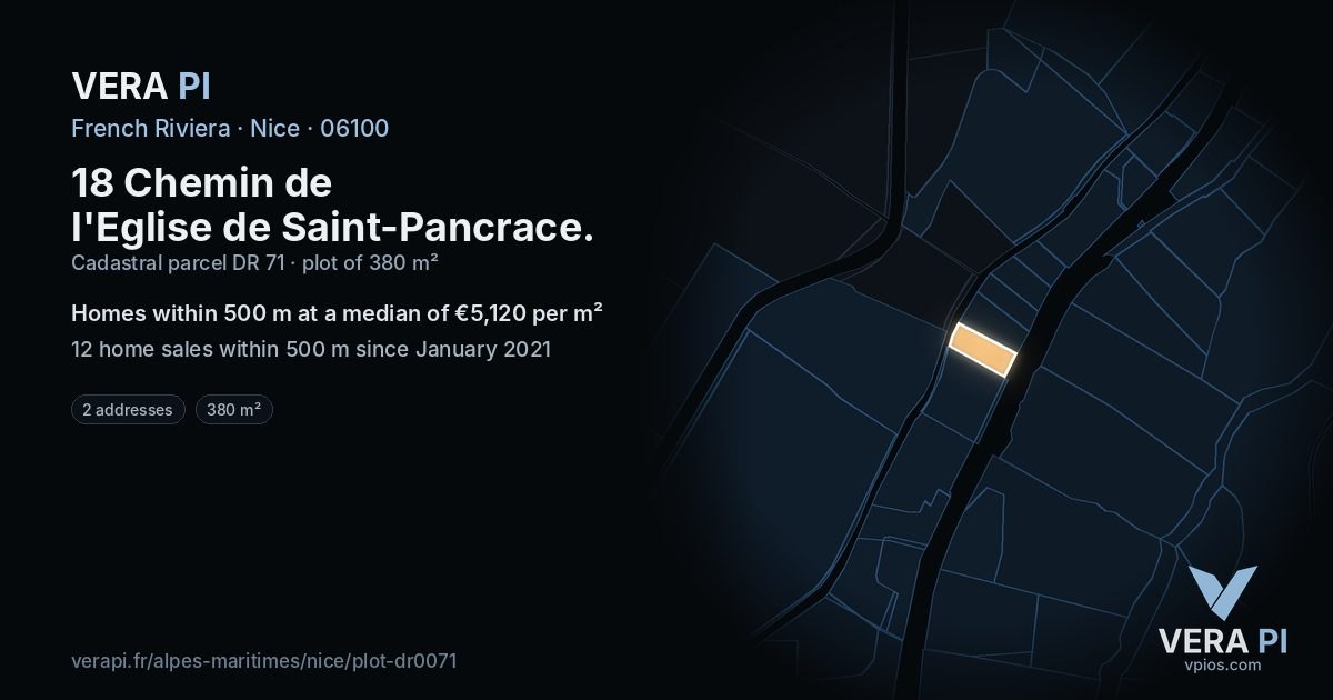 18 Chemin de l'Eglise de Saint-Pancrace, Nice at night – the plot lit, the parcels around coloured by the prices near them