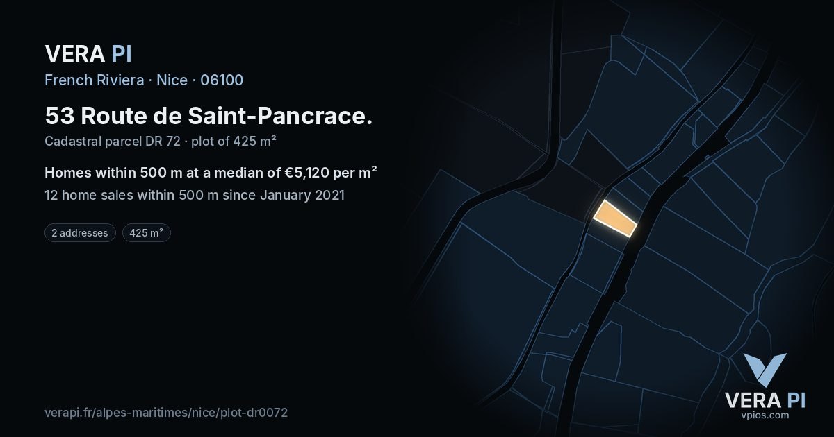 53 Route de Saint-Pancrace, Nice at night – the plot lit, the parcels around coloured by the prices near them