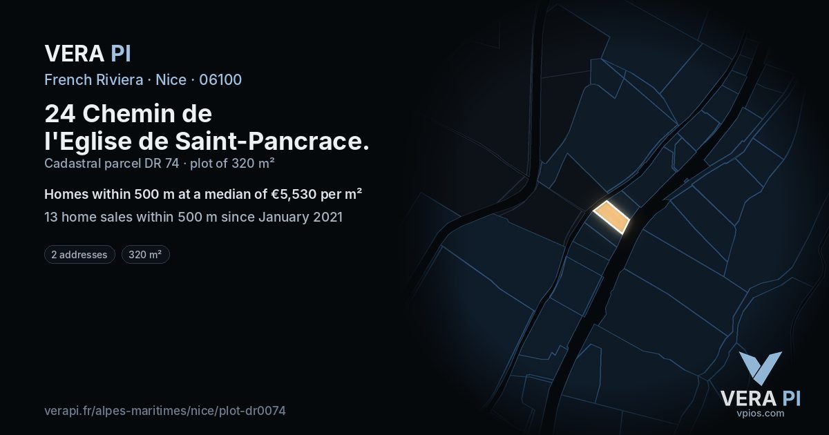 24 Chemin de l'Eglise de Saint-Pancrace, Nice at night – the plot lit, the parcels around coloured by the prices near them