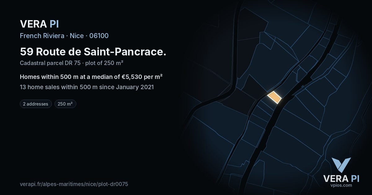 59 Route de Saint-Pancrace, Nice at night – the plot lit, the parcels around coloured by the prices near them