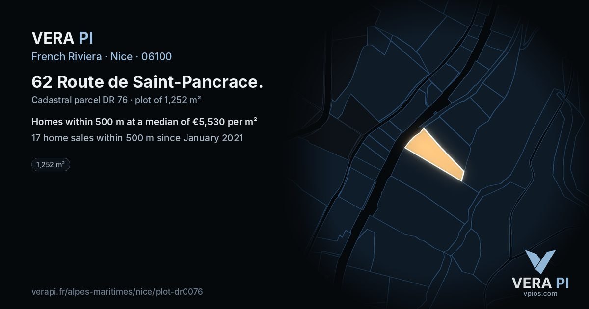 62 Route de Saint-Pancrace, Nice at night – the plot lit, the parcels around coloured by the prices near them