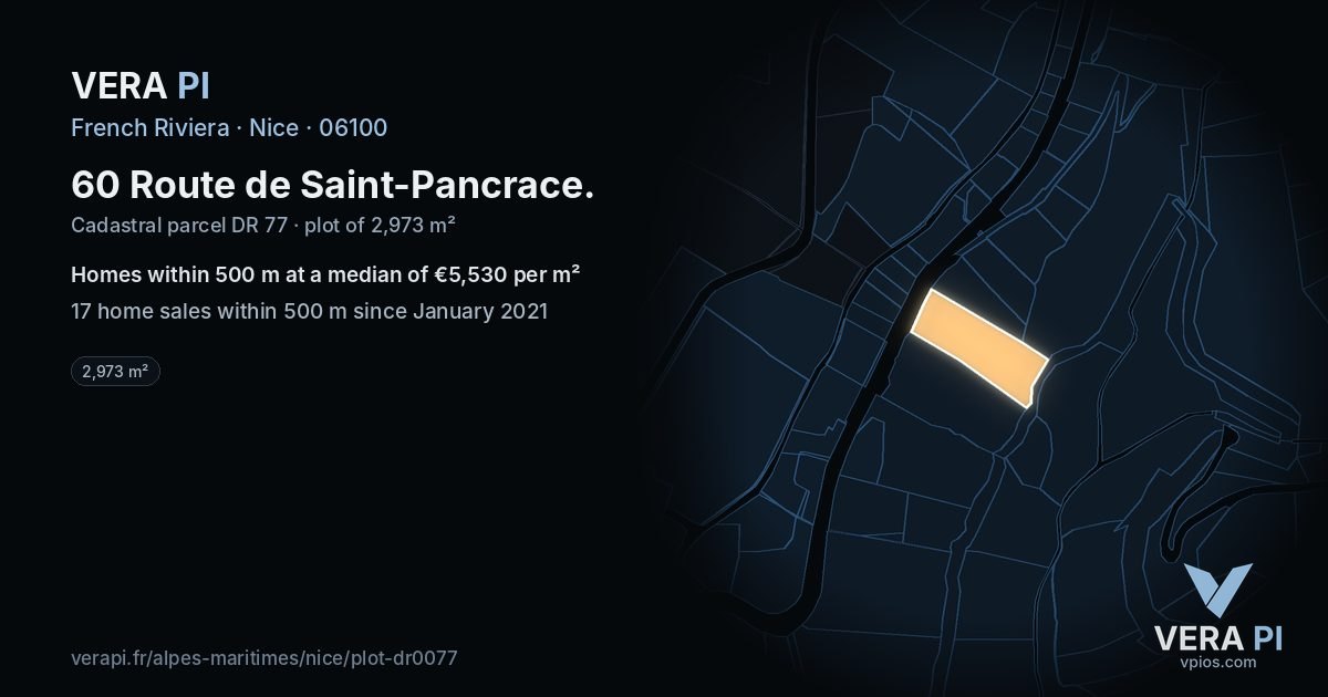 60 Route de Saint-Pancrace, Nice at night – the plot lit, the parcels around coloured by the prices near them