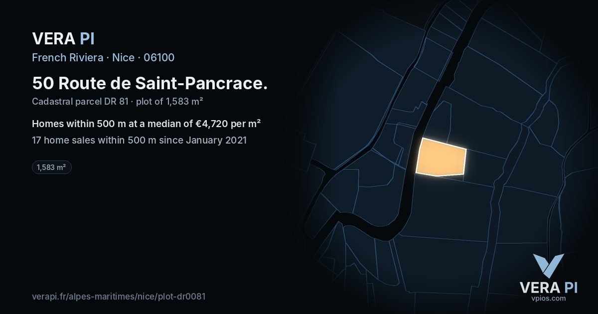 50 Route de Saint-Pancrace, Nice at night – the plot lit, the parcels around coloured by the prices near them