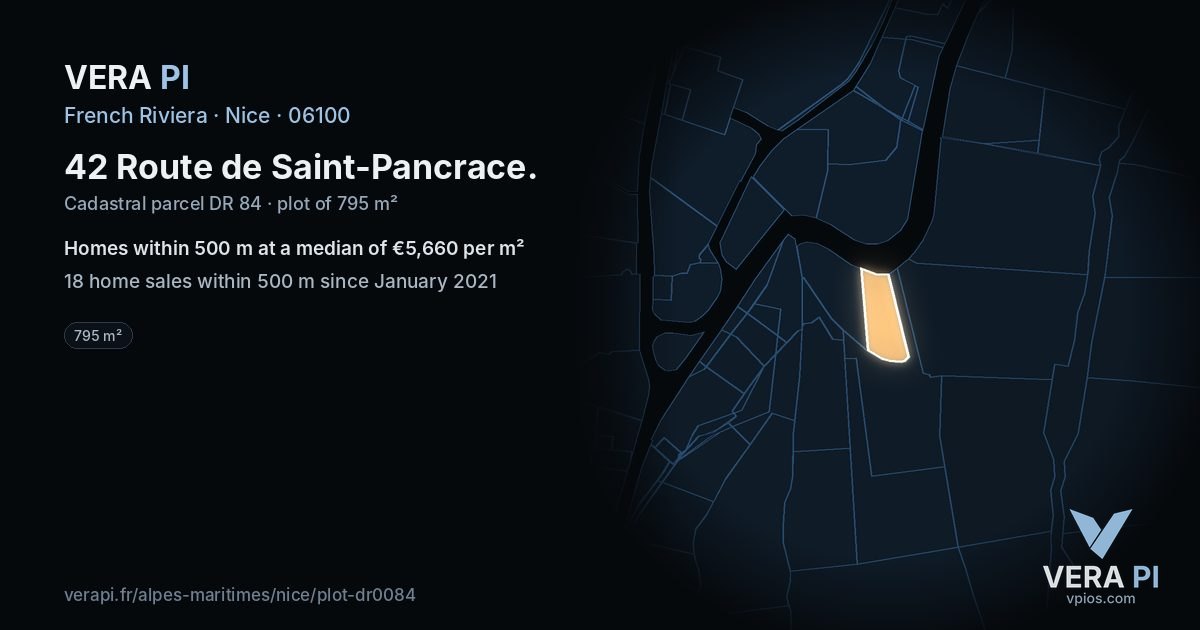 42 Route de Saint-Pancrace, Nice at night – the plot lit, the parcels around coloured by the prices near them