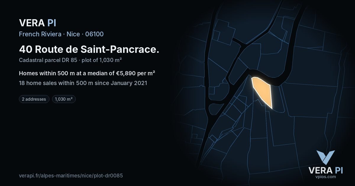 40 Route de Saint-Pancrace, Nice at night – the plot lit, the parcels around coloured by the prices near them