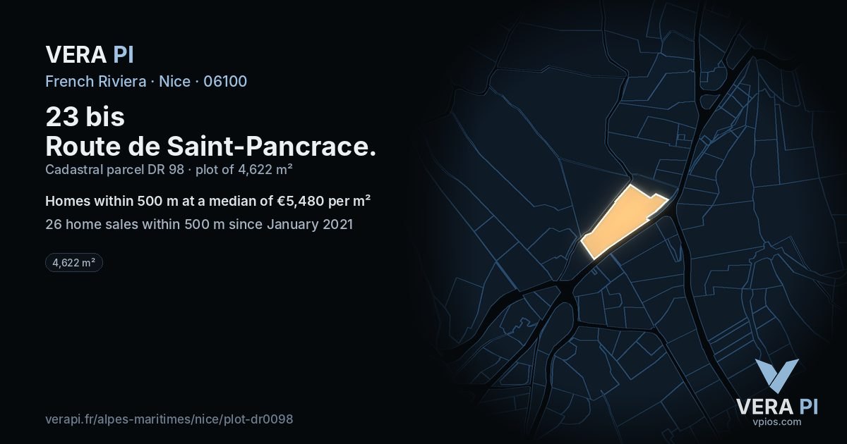 23 bis Route de Saint-Pancrace, Nice at night – the plot lit, the parcels around coloured by the prices near them