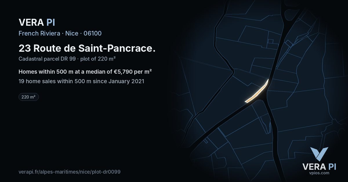 23 Route de Saint-Pancrace, Nice at night – the plot lit, the parcels around coloured by the prices near them