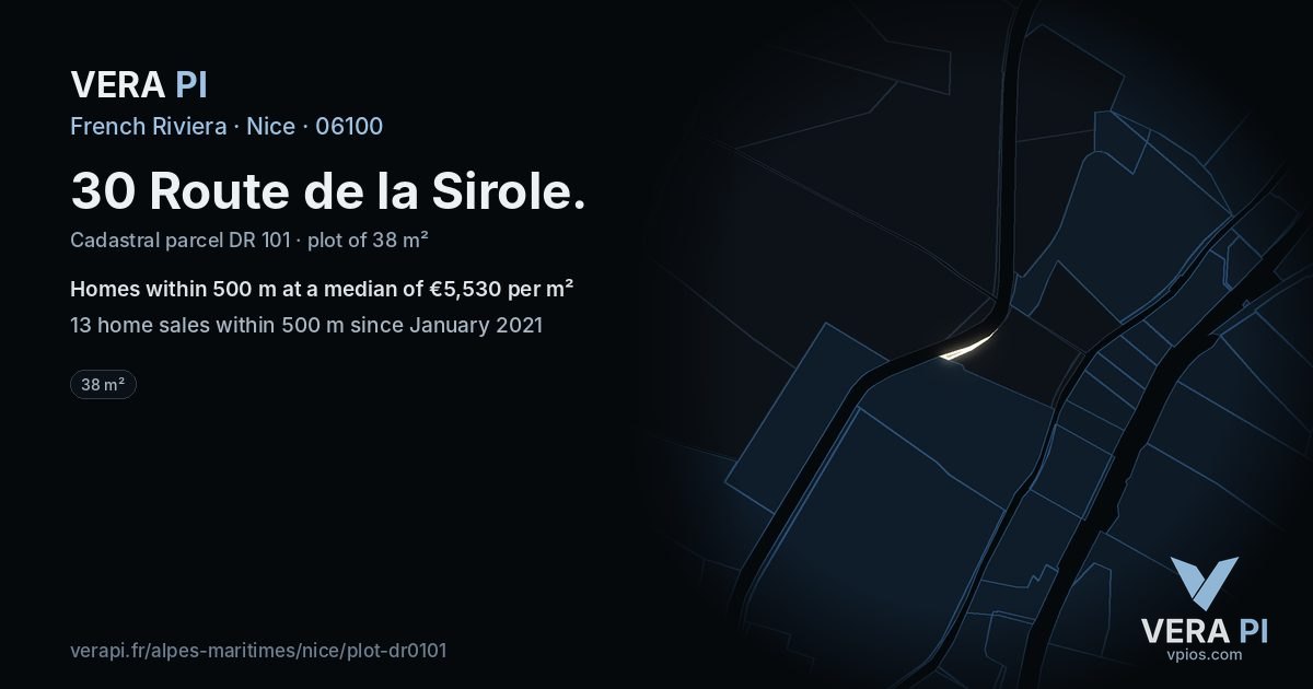 30 Route de la Sirole, Nice at night – the plot lit, the parcels around coloured by the prices near them