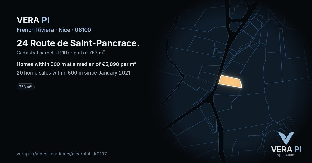 24 Route de Saint-Pancrace, Nice at night – the plot lit, the parcels around coloured by the prices near them