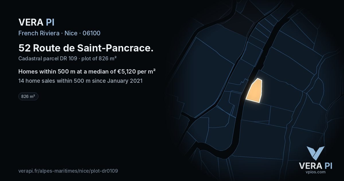 52 Route de Saint-Pancrace, Nice at night – the plot lit, the parcels around coloured by the prices near them