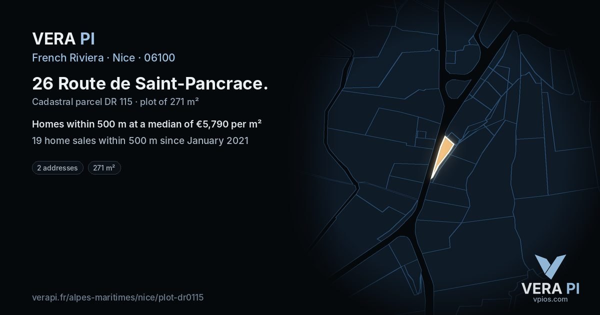 26 Route de Saint-Pancrace, Nice at night – the plot lit, the parcels around coloured by the prices near them