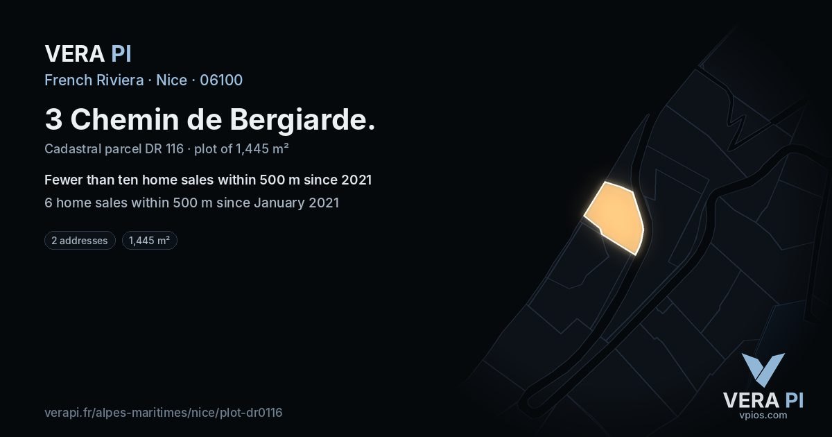 3 Chemin de Bergiarde, Nice at night – the plot lit, the parcels around coloured by the prices near them
