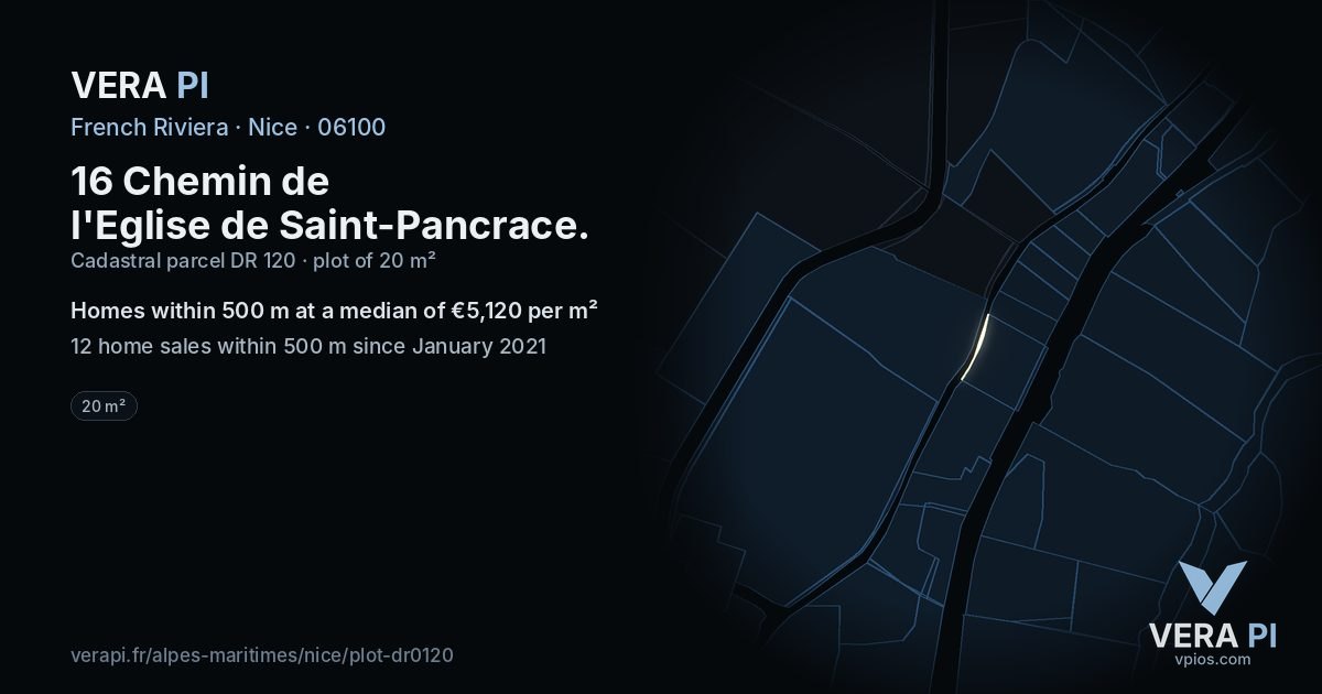 16 Chemin de l'Eglise de Saint-Pancrace, Nice at night – the plot lit, the parcels around coloured by the prices near them