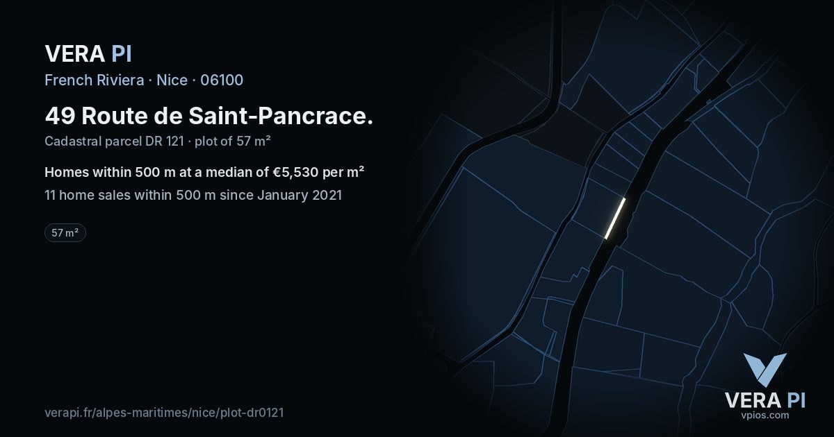 49 Route de Saint-Pancrace, Nice at night – the plot lit, the parcels around coloured by the prices near them