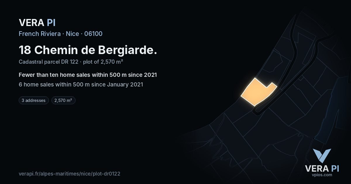 18 Chemin de Bergiarde, Nice at night – the plot lit, the parcels around coloured by the prices near them