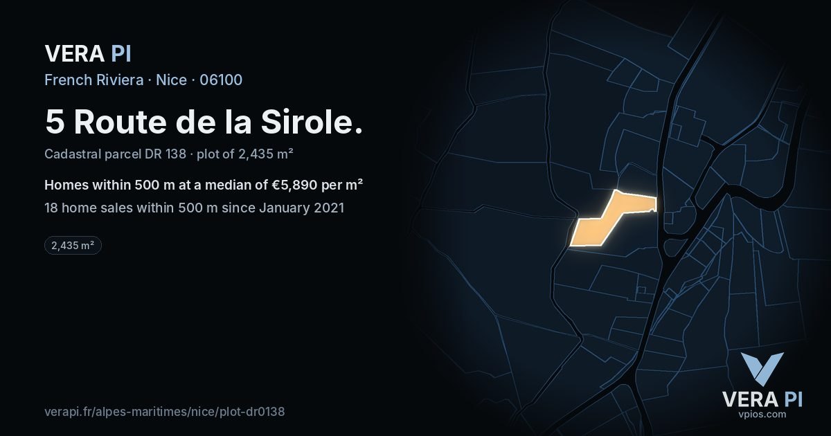 5 Route de la Sirole, Nice at night – the plot lit, the parcels around coloured by the prices near them
