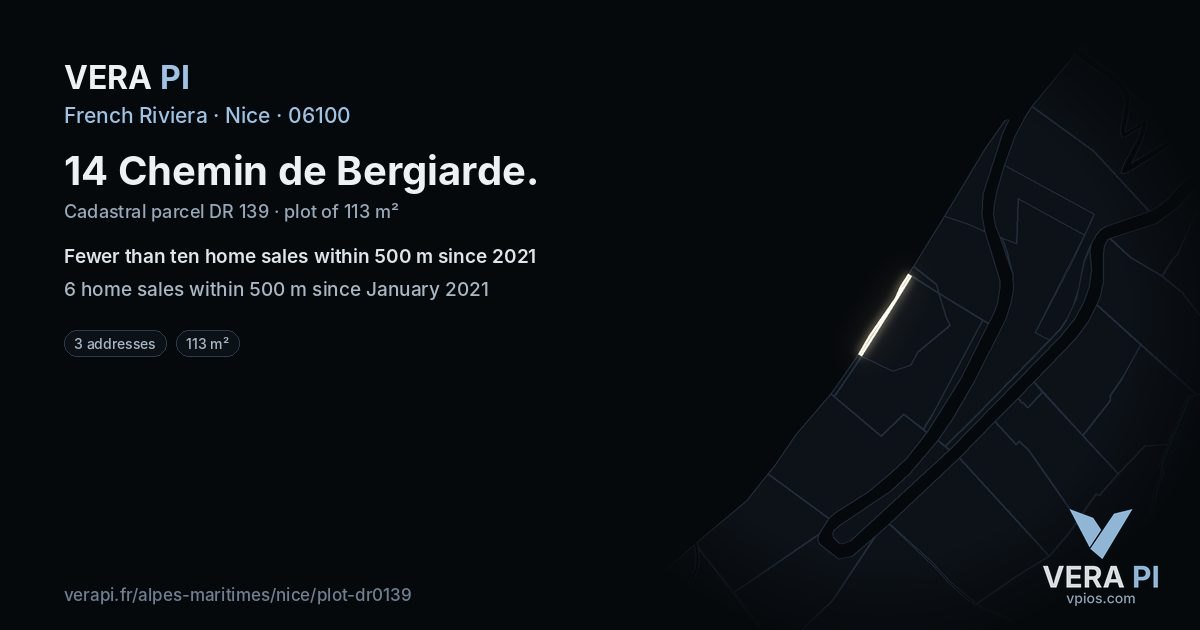 14 Chemin de Bergiarde, Nice at night – the plot lit, the parcels around coloured by the prices near them