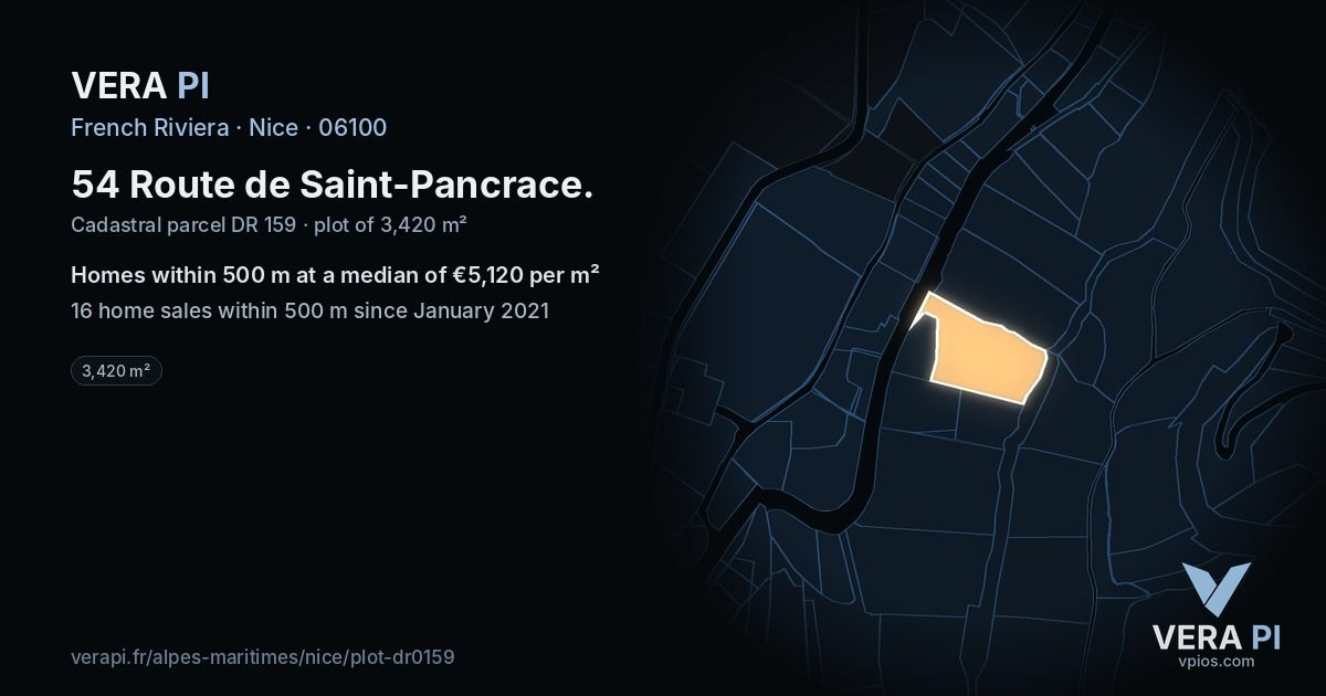 54 Route de Saint-Pancrace, Nice at night – the plot lit, the parcels around coloured by the prices near them