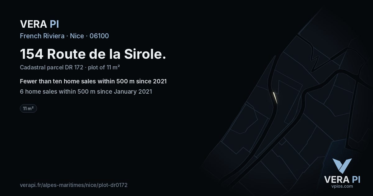 154 Route de la Sirole, Nice at night – the plot lit, the parcels around coloured by the prices near them