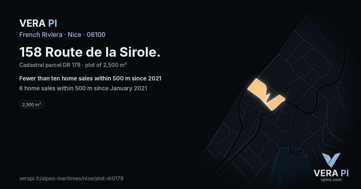 158 Route de la Sirole, Nice at night – the plot lit, the parcels around coloured by the prices near them