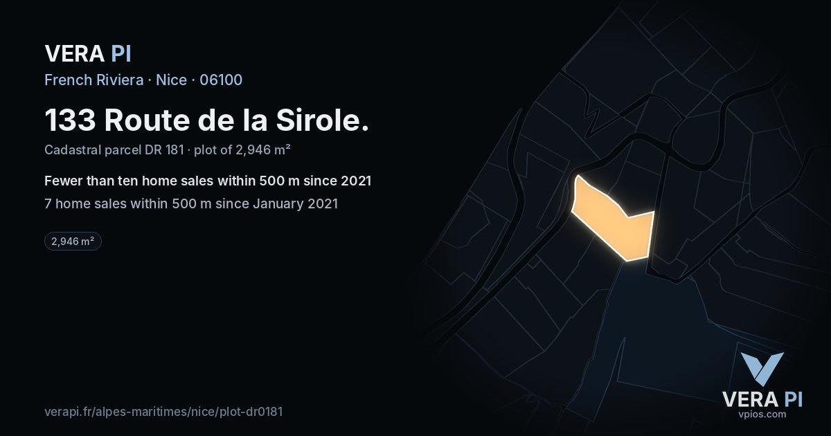 133 Route de la Sirole, Nice at night – the plot lit, the parcels around coloured by the prices near them