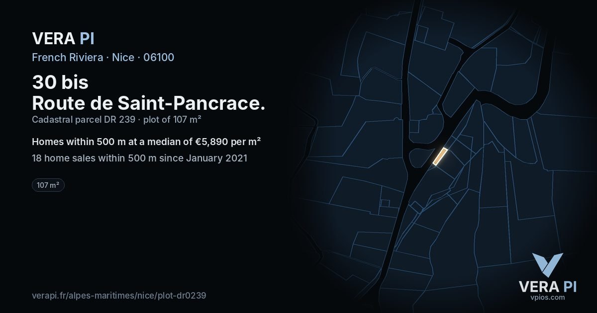 30 bis Route de Saint-Pancrace, Nice at night – the plot lit, the parcels around coloured by the prices near them