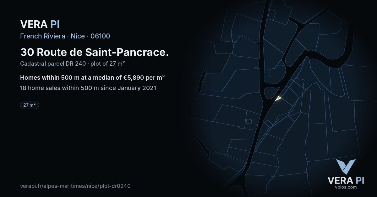 30 Route de Saint-Pancrace, Nice at night – the plot lit, the parcels around coloured by the prices near them