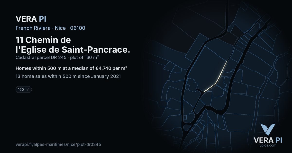 11 Chemin de l'Eglise de Saint-Pancrace, Nice at night – the plot lit, the parcels around coloured by the prices near them