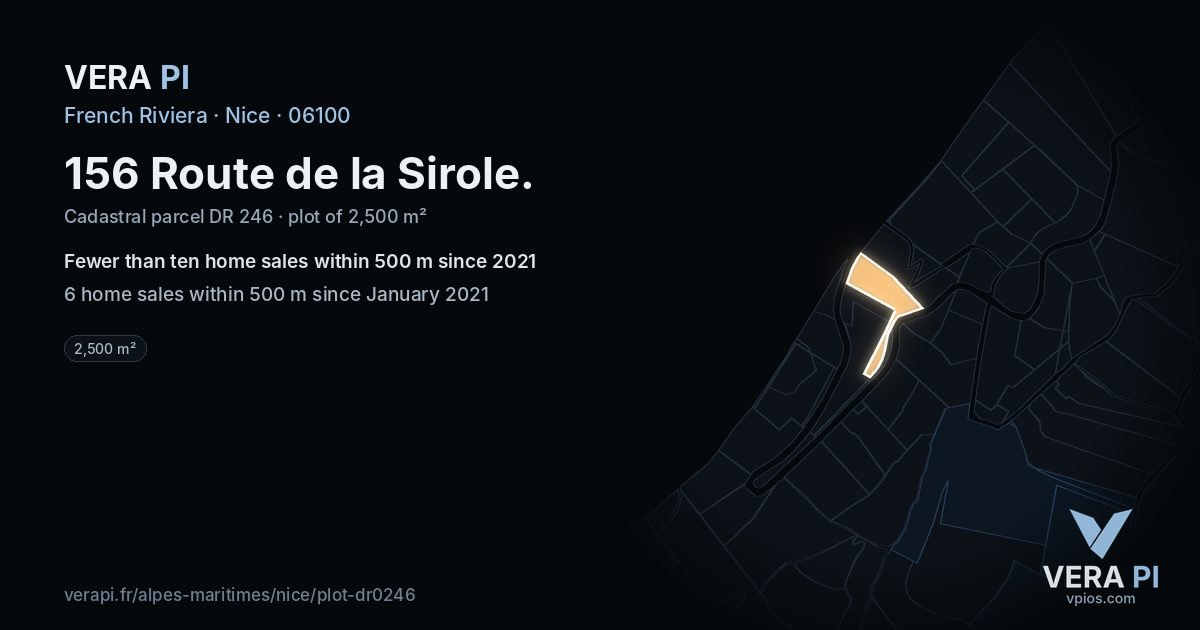 156 Route de la Sirole, Nice at night – the plot lit, the parcels around coloured by the prices near them