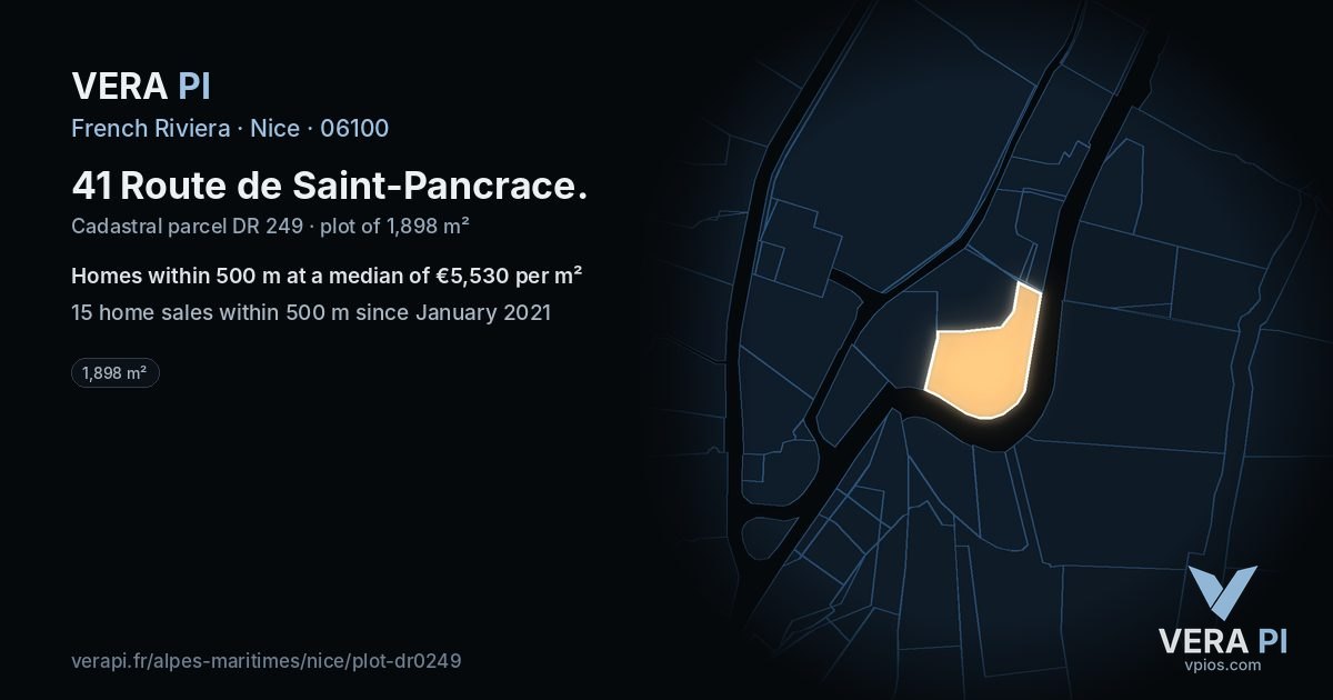 41 Route de Saint-Pancrace, Nice at night – the plot lit, the parcels around coloured by the prices near them