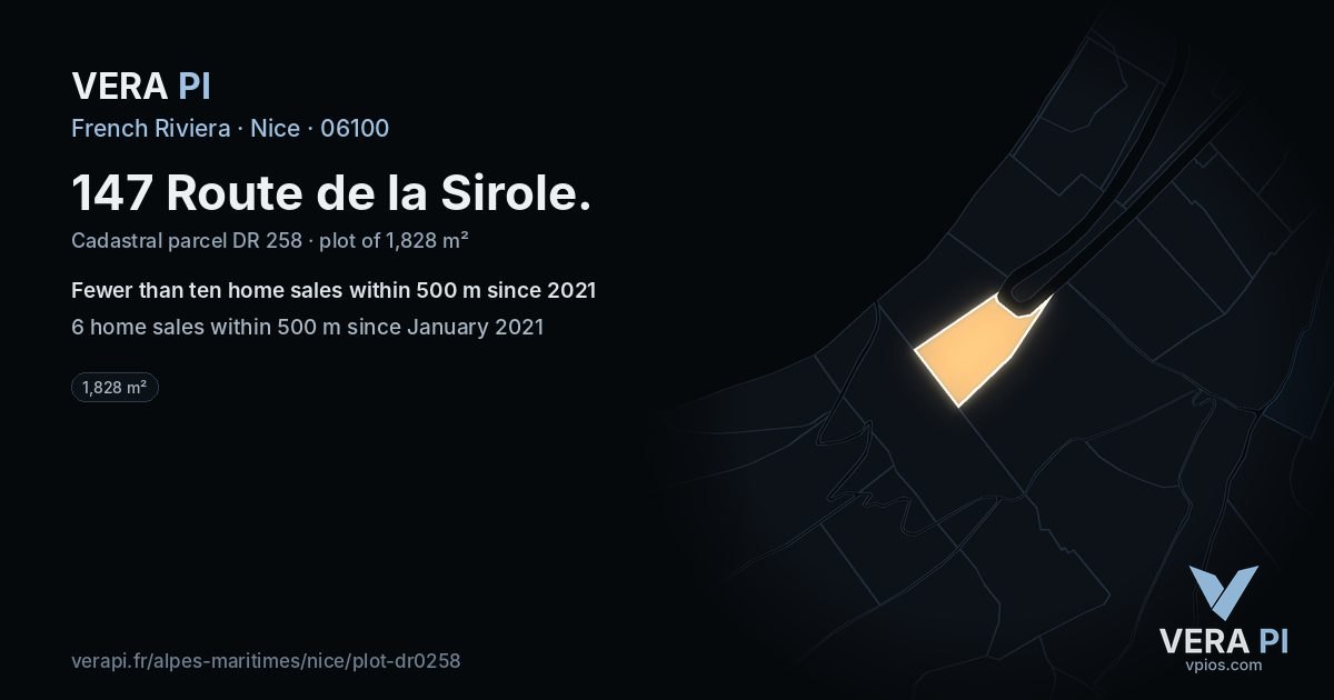 147 Route de la Sirole, Nice at night – the plot lit, the parcels around coloured by the prices near them