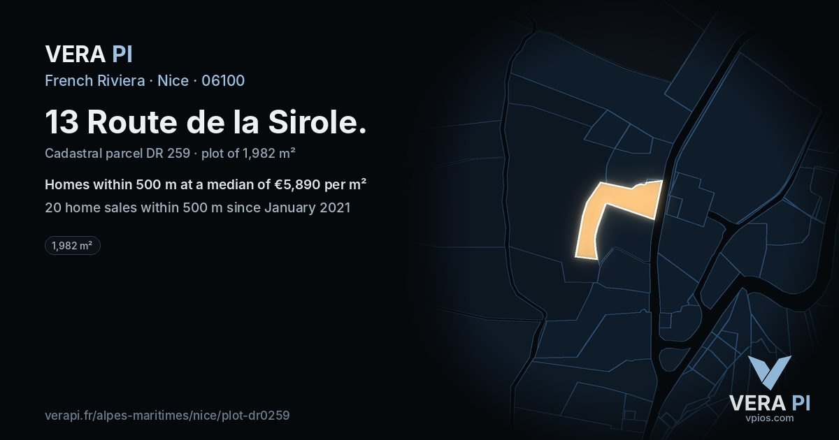 13 Route de la Sirole, Nice at night – the plot lit, the parcels around coloured by the prices near them