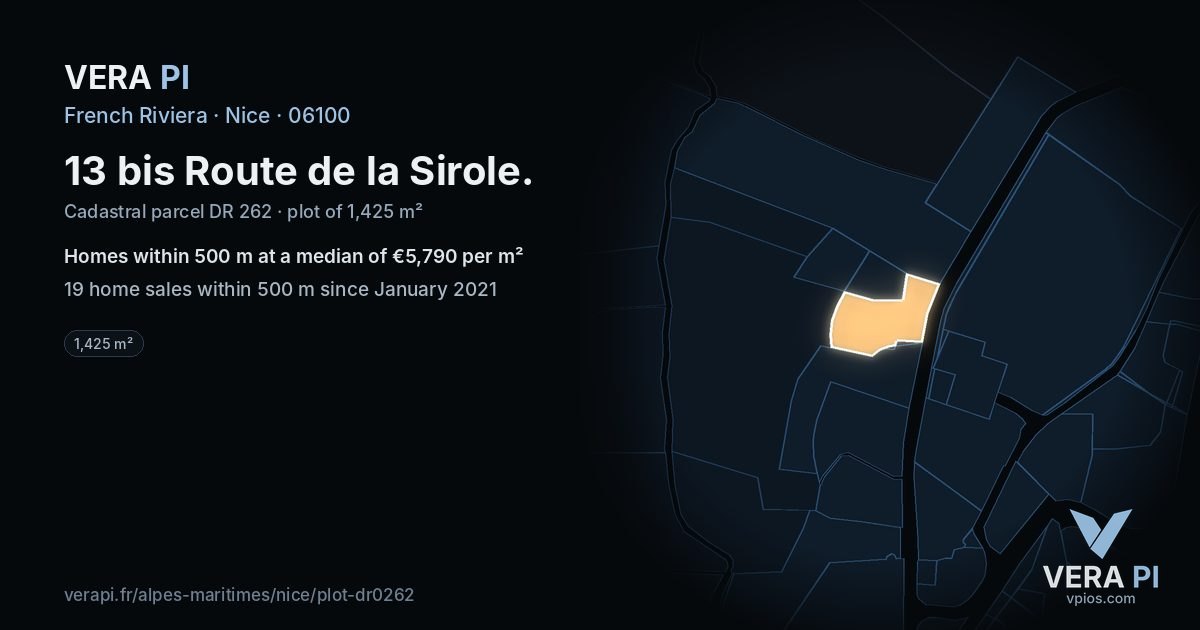 13 bis Route de la Sirole, Nice at night – the plot lit, the parcels around coloured by the prices near them