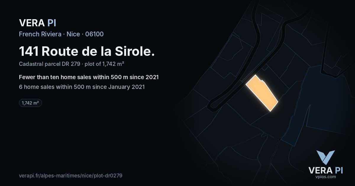 141 Route de la Sirole, Nice at night – the plot lit, the parcels around coloured by the prices near them